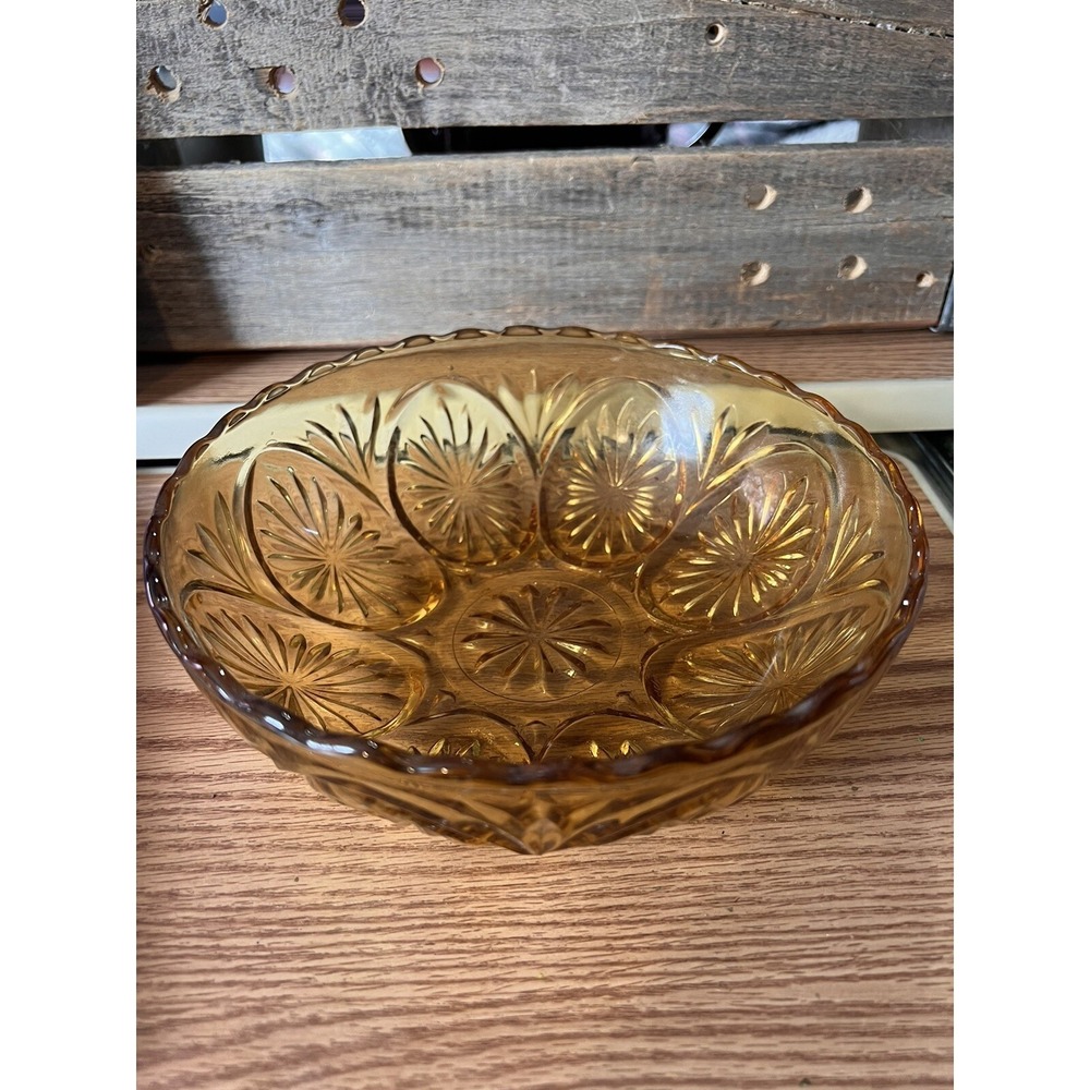 Vintage Mid Century Starburst Serving Bowl Anchor Hocking Glass Honey Gold Amber